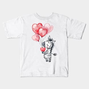 Valentine Zebra Holding Heart Shaped Balloons Kids T-Shirt